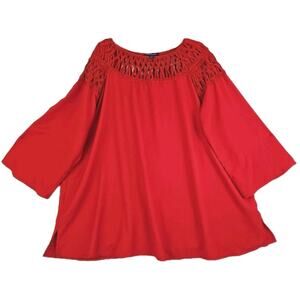 ROMANS ~Woman Plus Size 22W~ Red Tunic Top Crochet Collar 3/4 Sleeve.